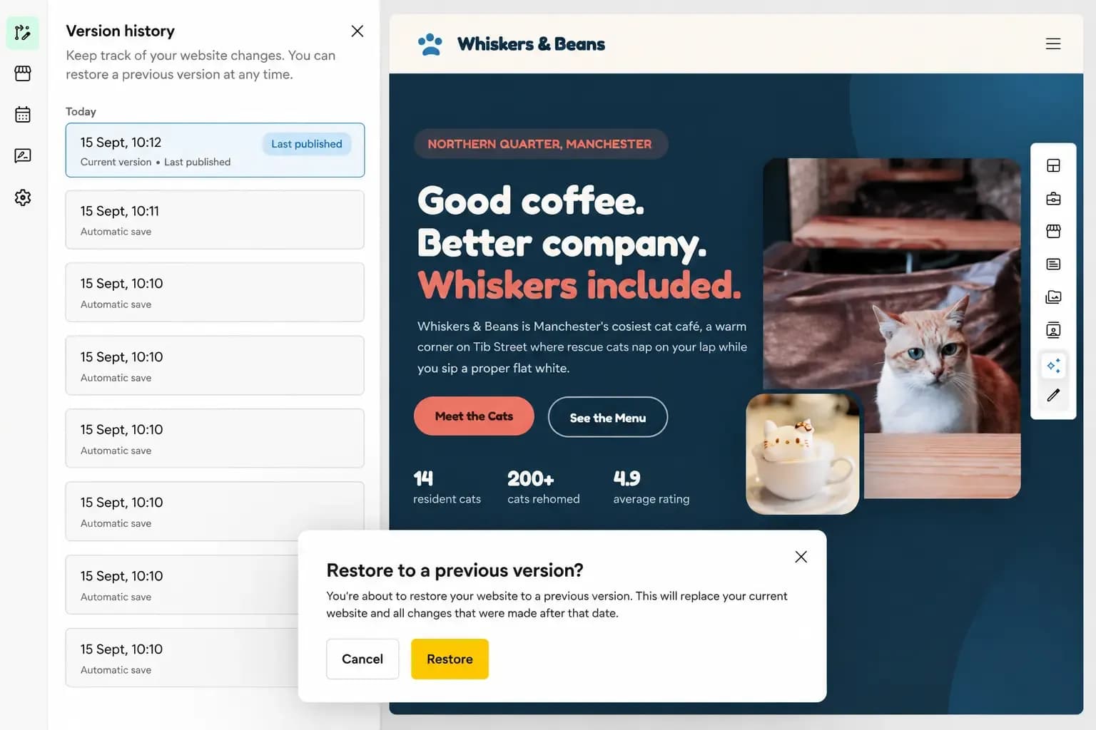 A screenshot from Aida AI Website Builder showing how to restore a previous version of a website.