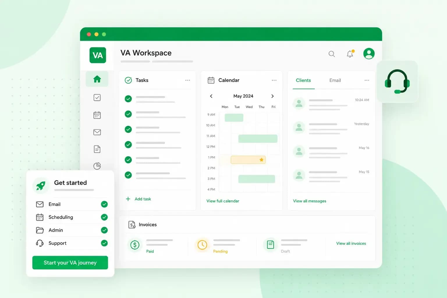 Virtual assistant workspace dashboard with task management, scheduling, client communication, and admin support tools on a mint green background.