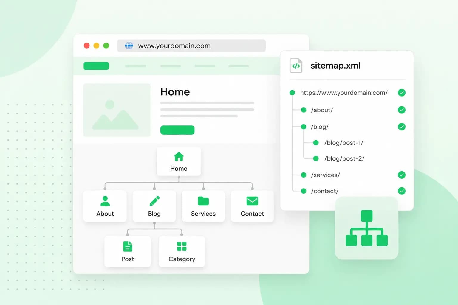 Illustration of a website sitemap showing page hierarchy and a sitemap.xml file with organized website URLs.