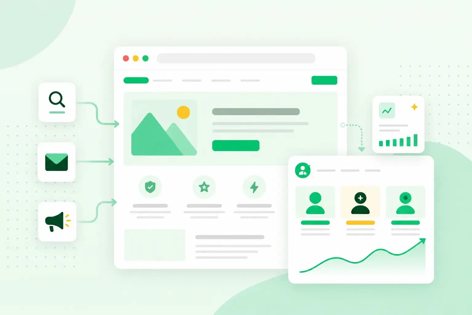 Illustration of customer acquisition channels such as search, email and advertising driving visitors to a website and converting them into new customers.