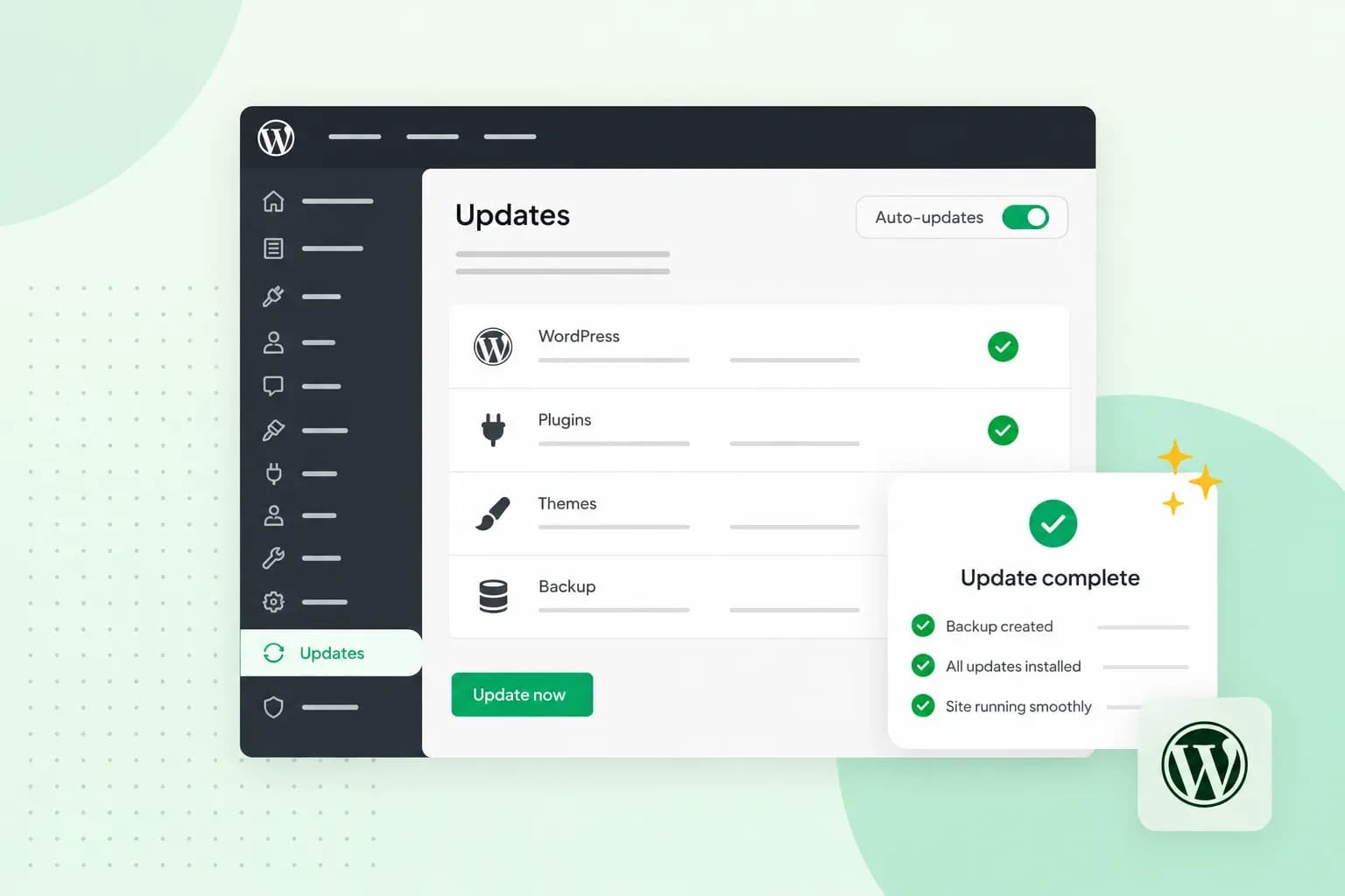 : Illustration of a WordPress updates dashboard with auto-updates enabled, successful plugin and theme updates, a completed backup, and an “Update complete” confirmation.